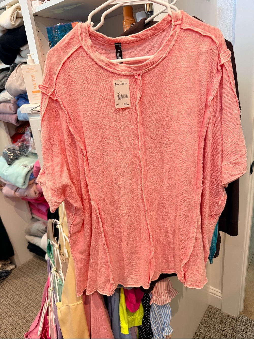 Versona Coral Pink Short-Sleeve Raw-Edge Knit Top